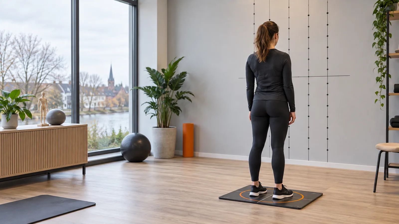 Sportive de dos sur une plateforme d'analyse posturale