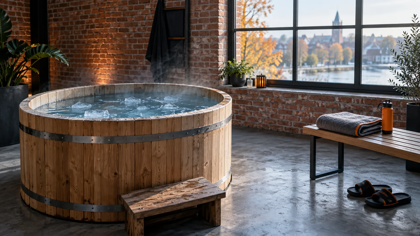 Cuve de bain glacé en bois dans un espace de récupération
