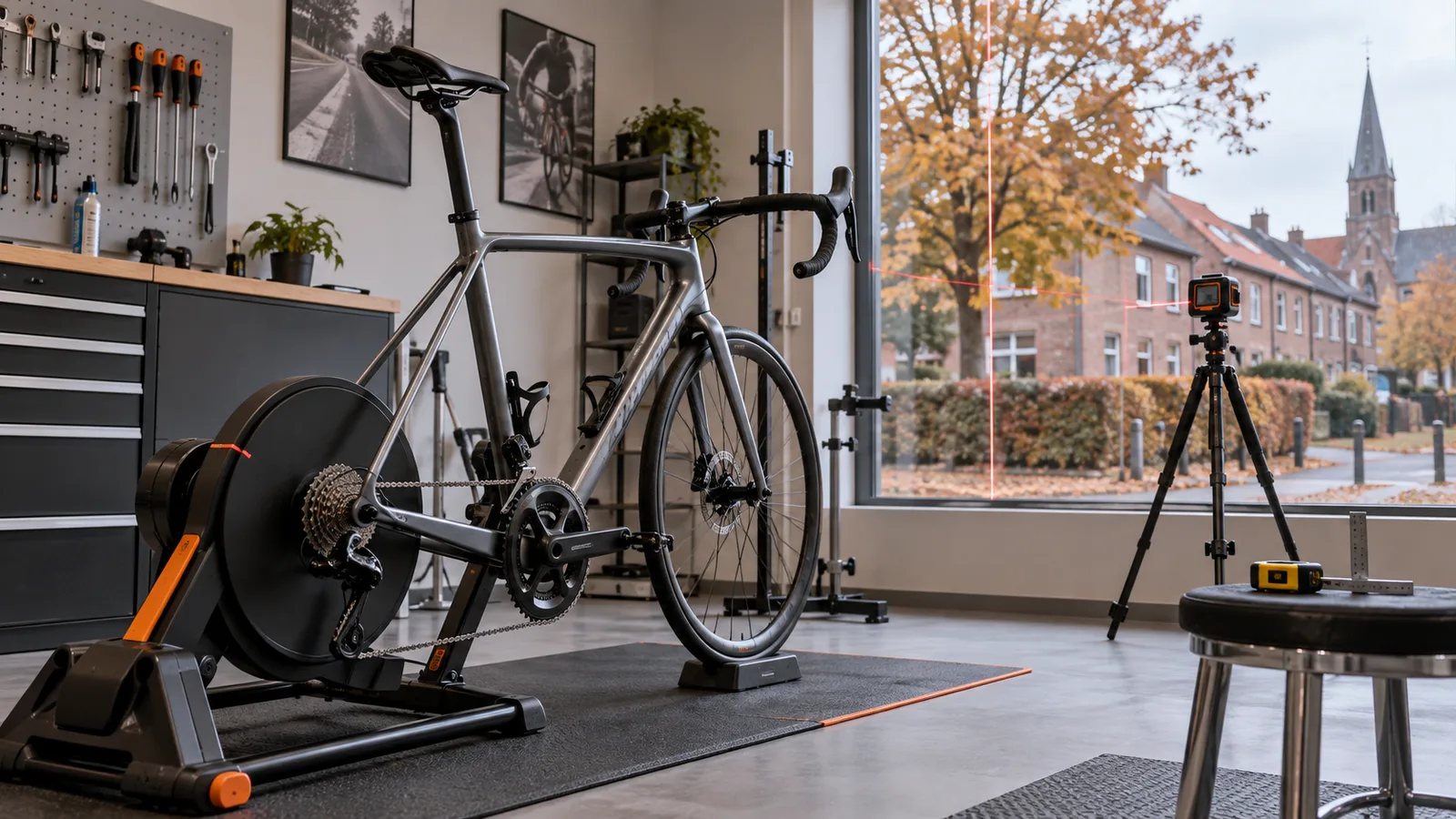 Vélo de route monté sur home-trainer pour un bike fitting