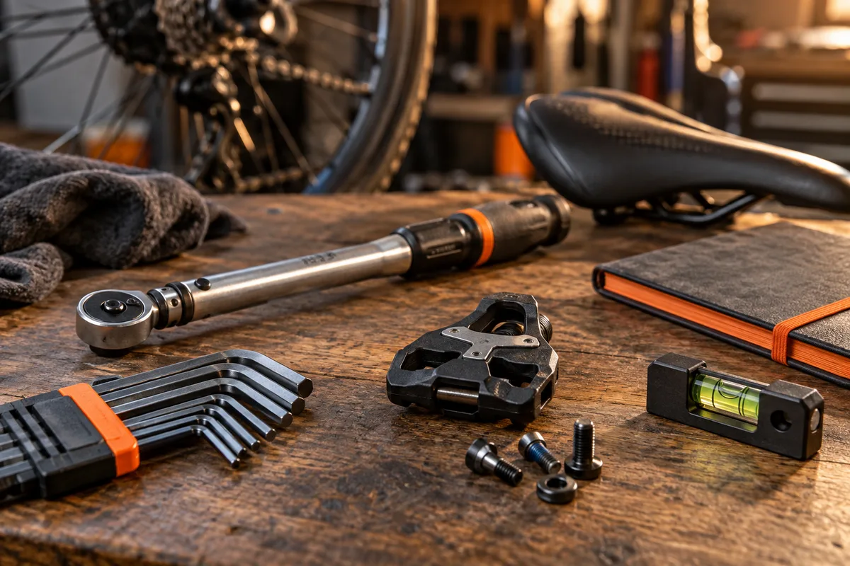 Clé dynamométrique, cales et selle pour régler un vélo