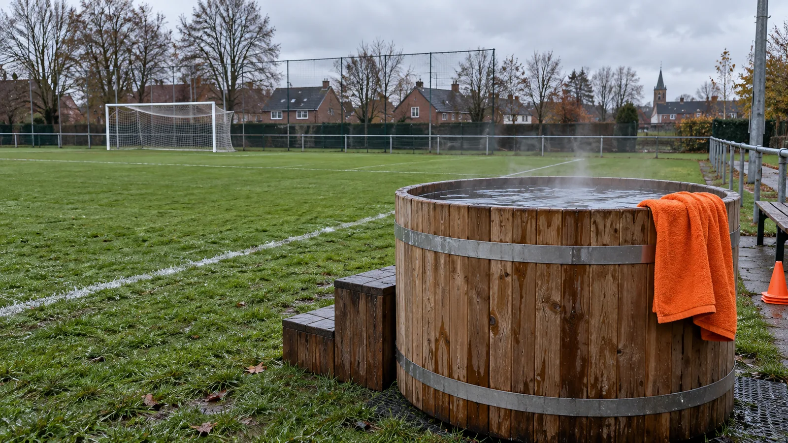 Cuve de bain glacé installée au bord d'un terrain de football