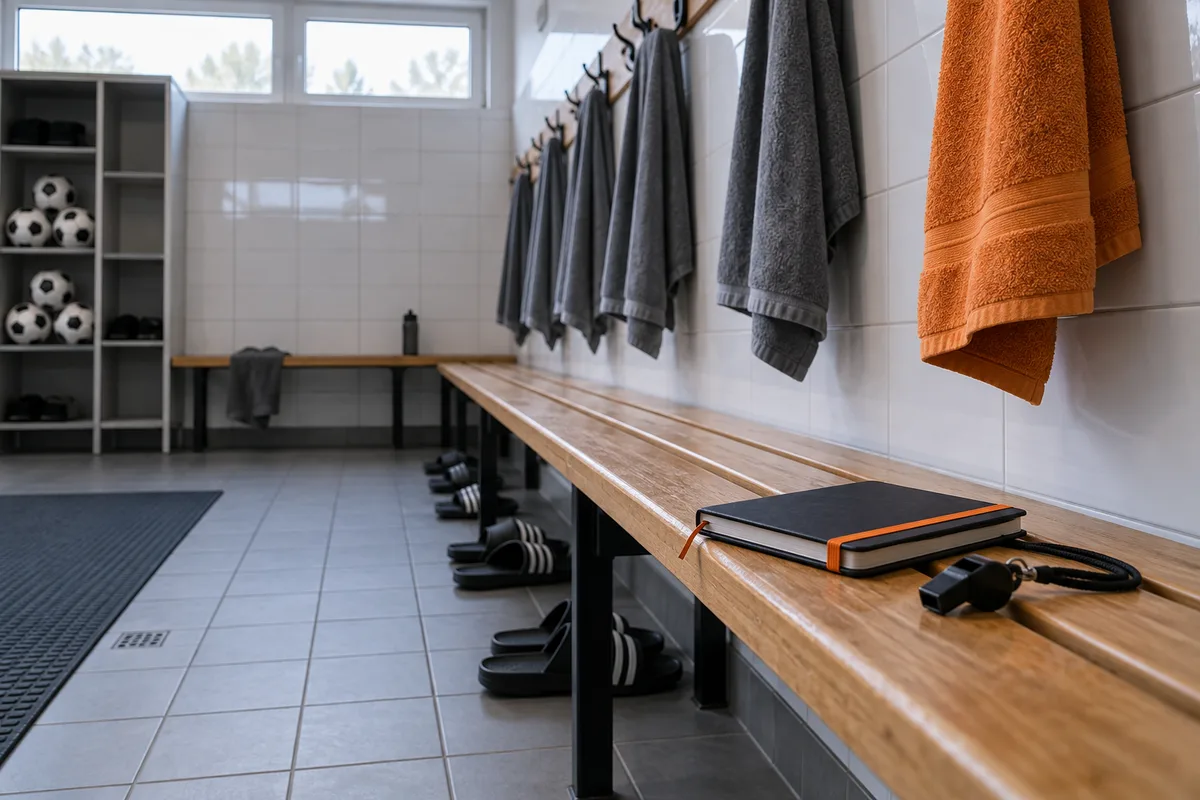 Vestiaire d'un club sportif avec serviettes et bancs