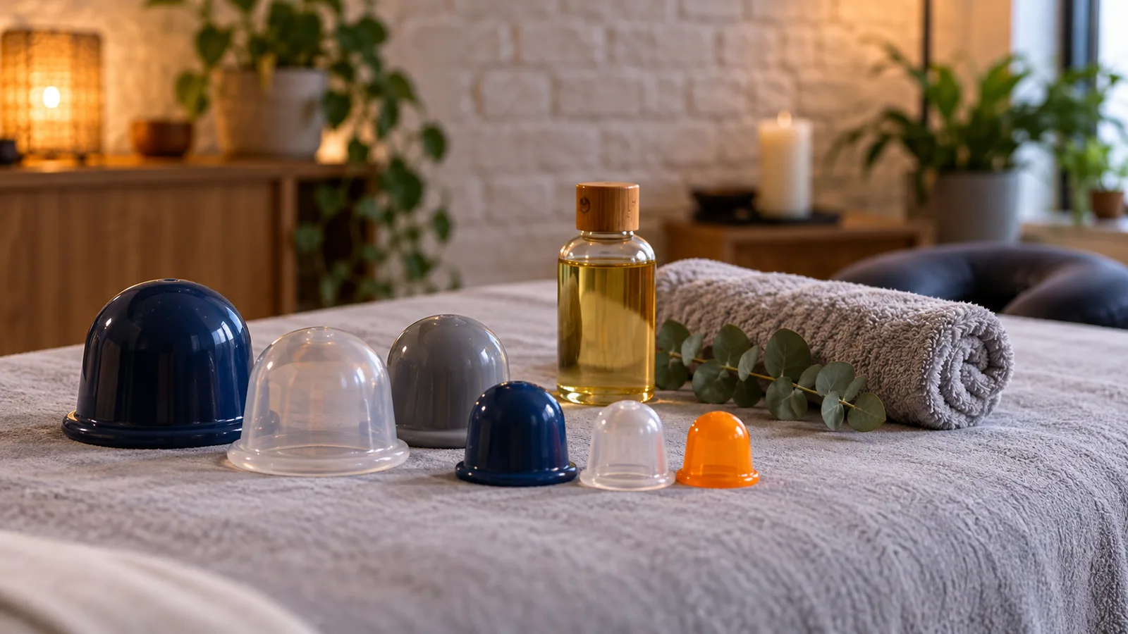 Ventouses de massage cupping posées sur une table de soin