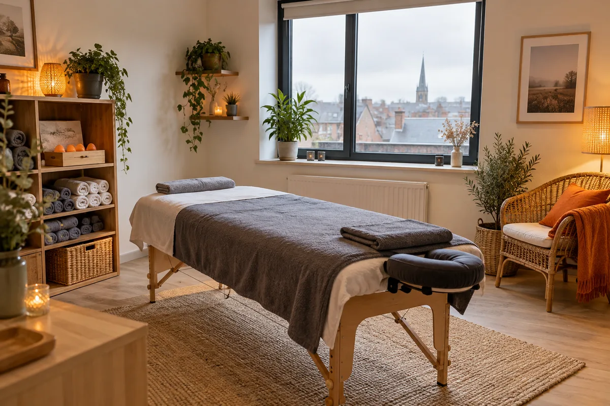 Salle de soin lumineuse avec table de massage