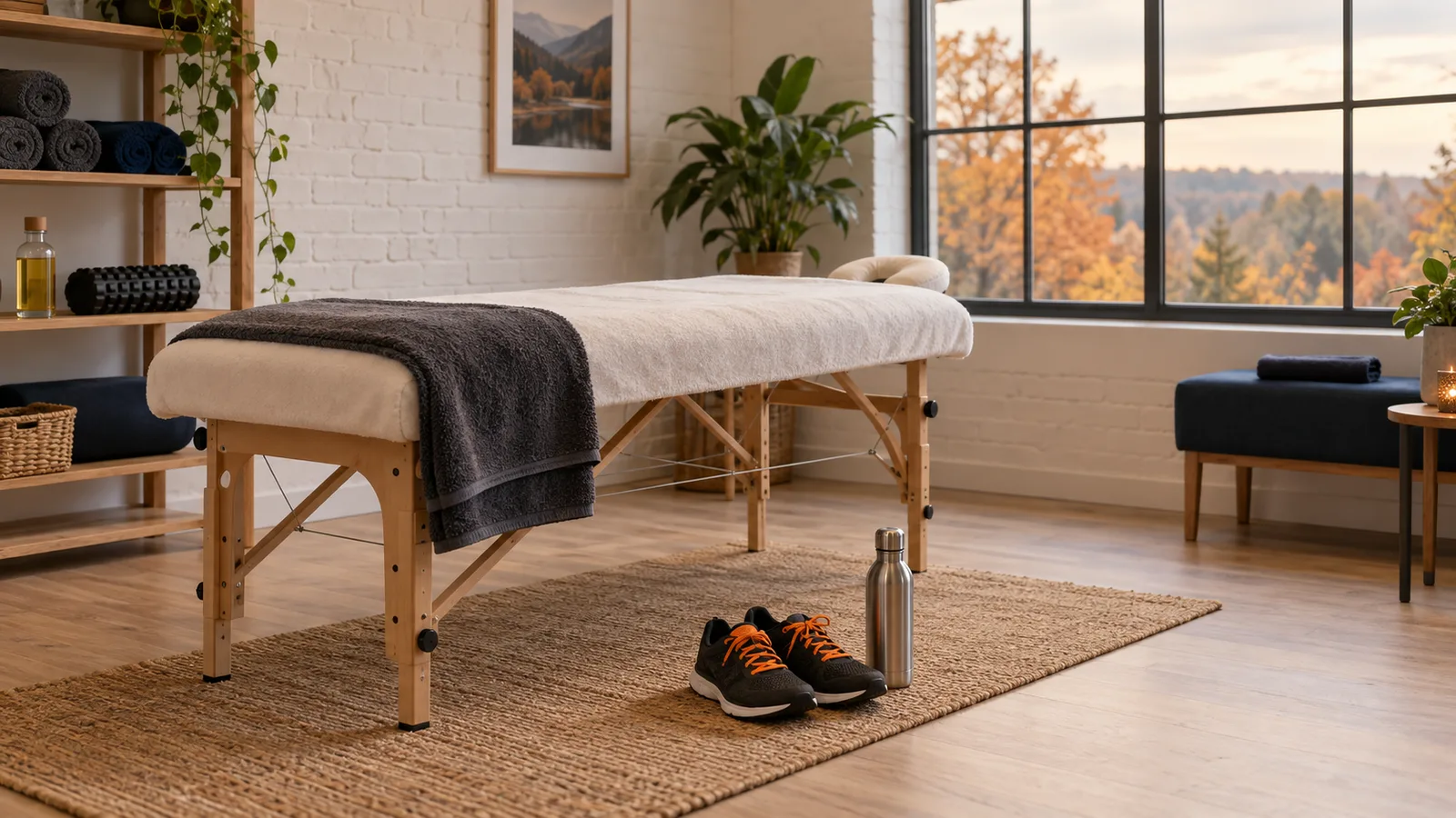 Table de massage et serviettes dans une salle de soins lumineuse, avec vue sur les arbres d'automne