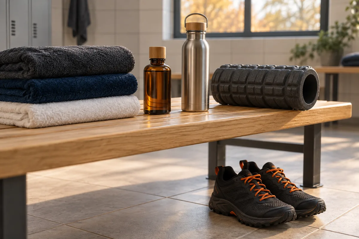 Serviettes, huile de massage, gourde et rouleau posés sur un banc, chaussures de trail devant