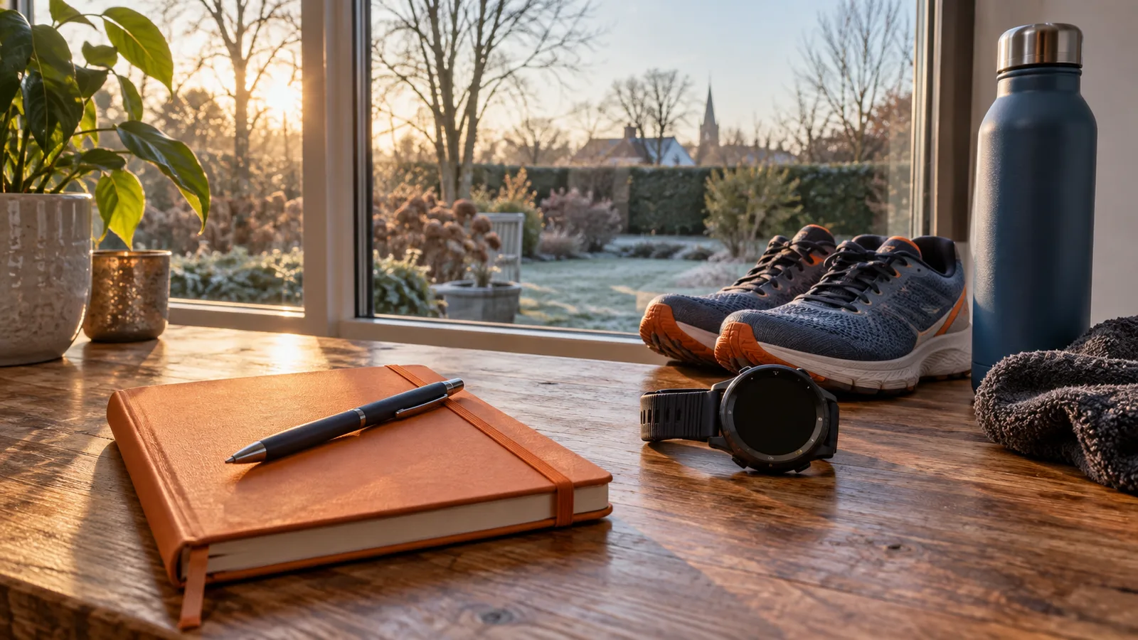 Carnet d'entraînement, chaussures et montre de sport près d'une fenêtre