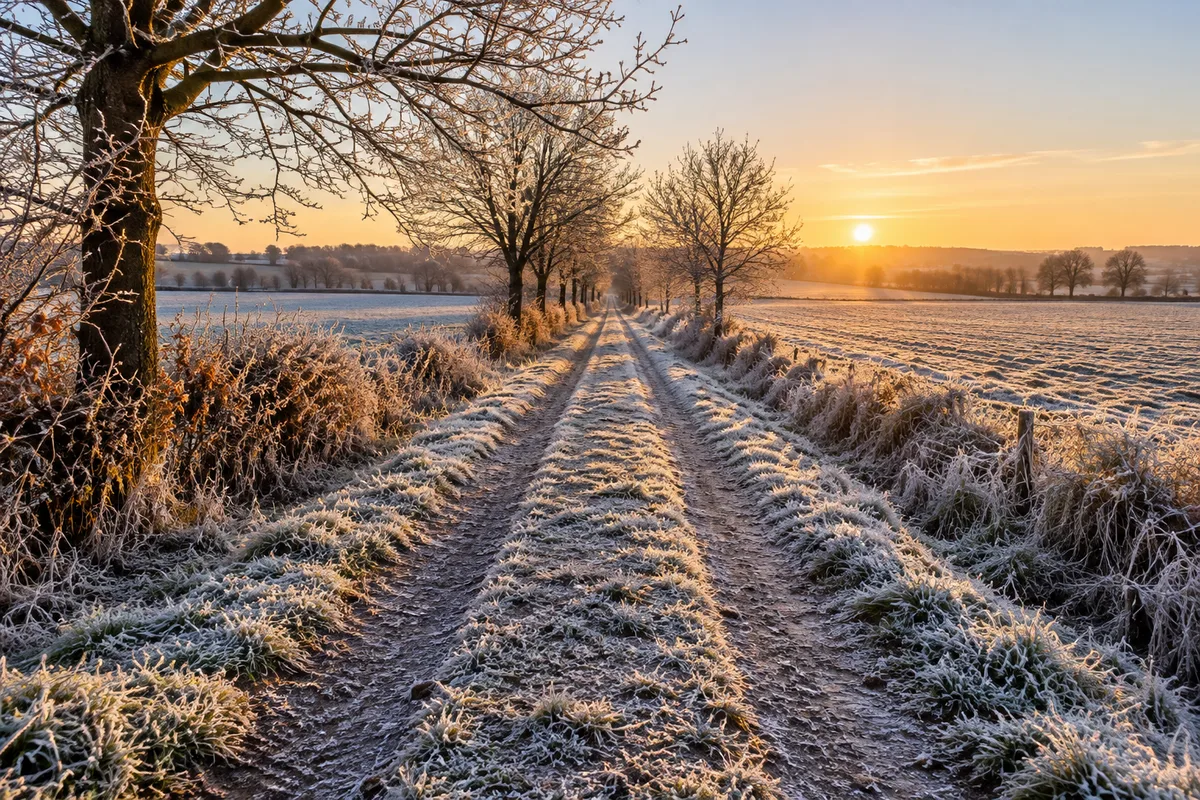 Chemin de campagne givré au lever du soleil