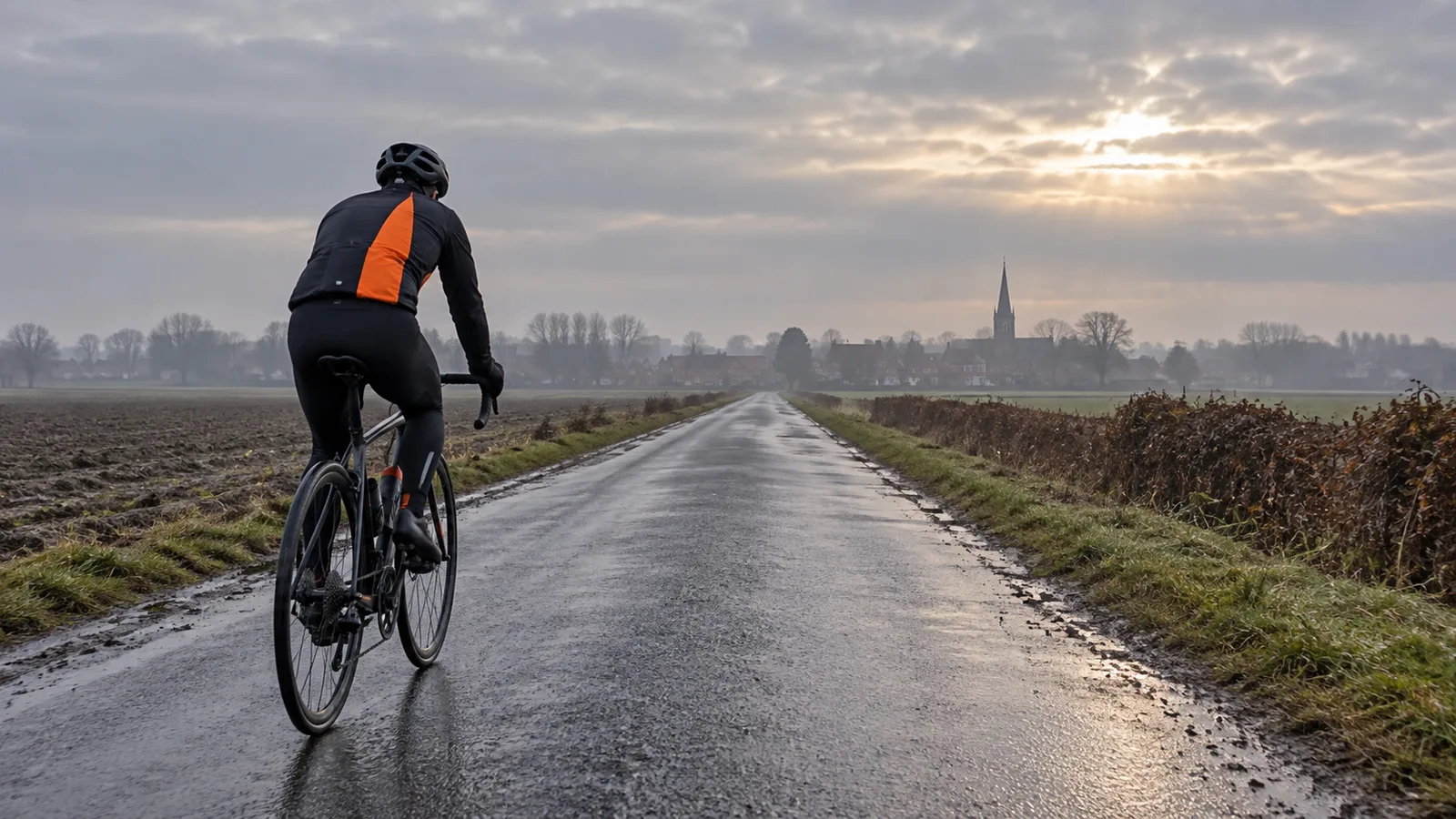 Cycliste de dos sur une route de campagne mouillée en hiver