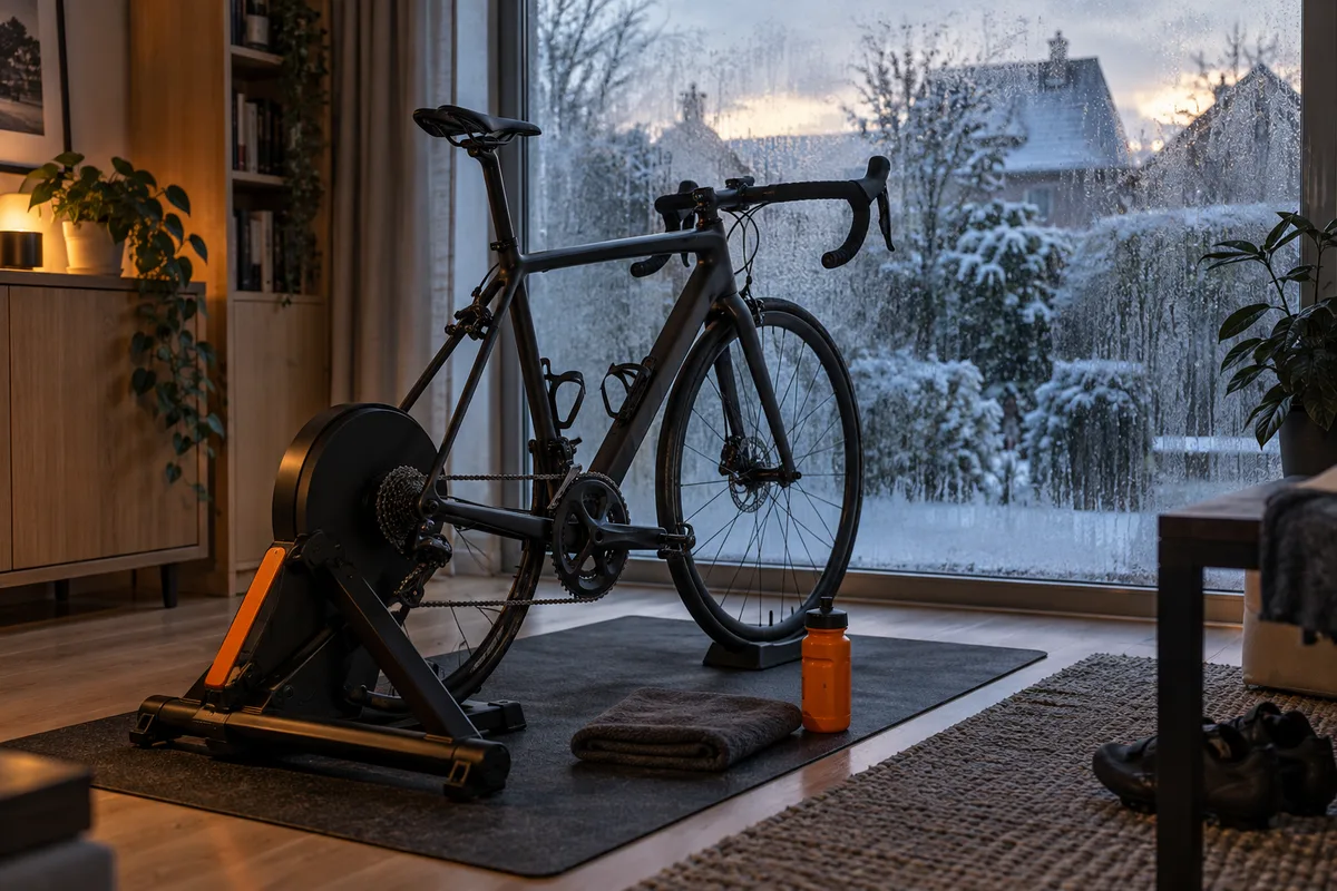 Vélo sur home-trainer devant une fenêtre enneigée