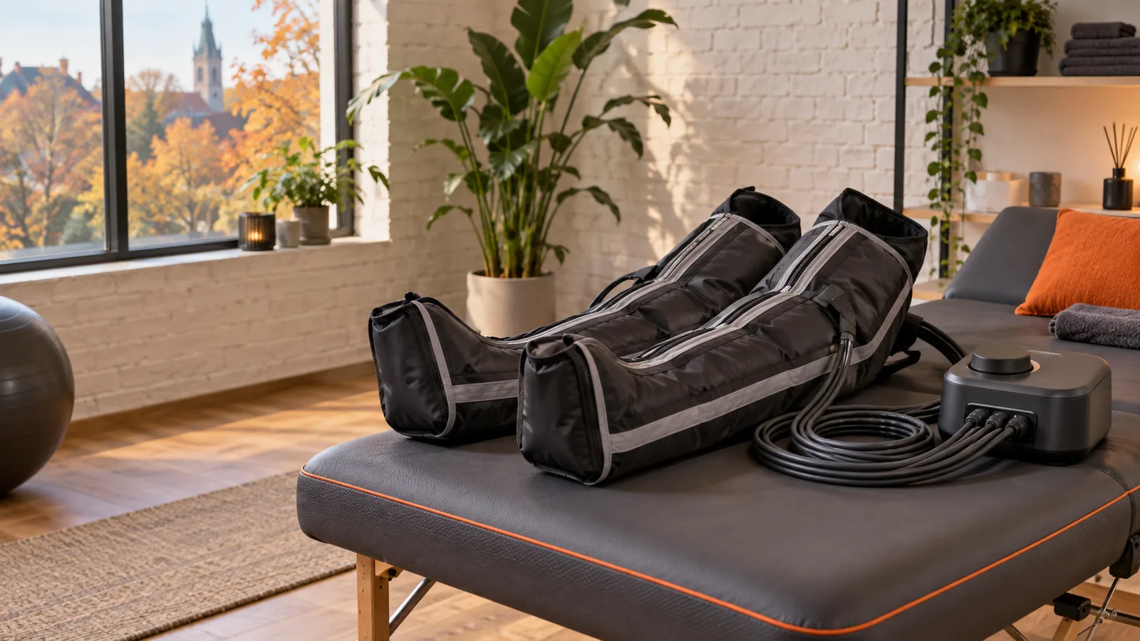 Bottes de pressothérapie posées sur une table de récupération
