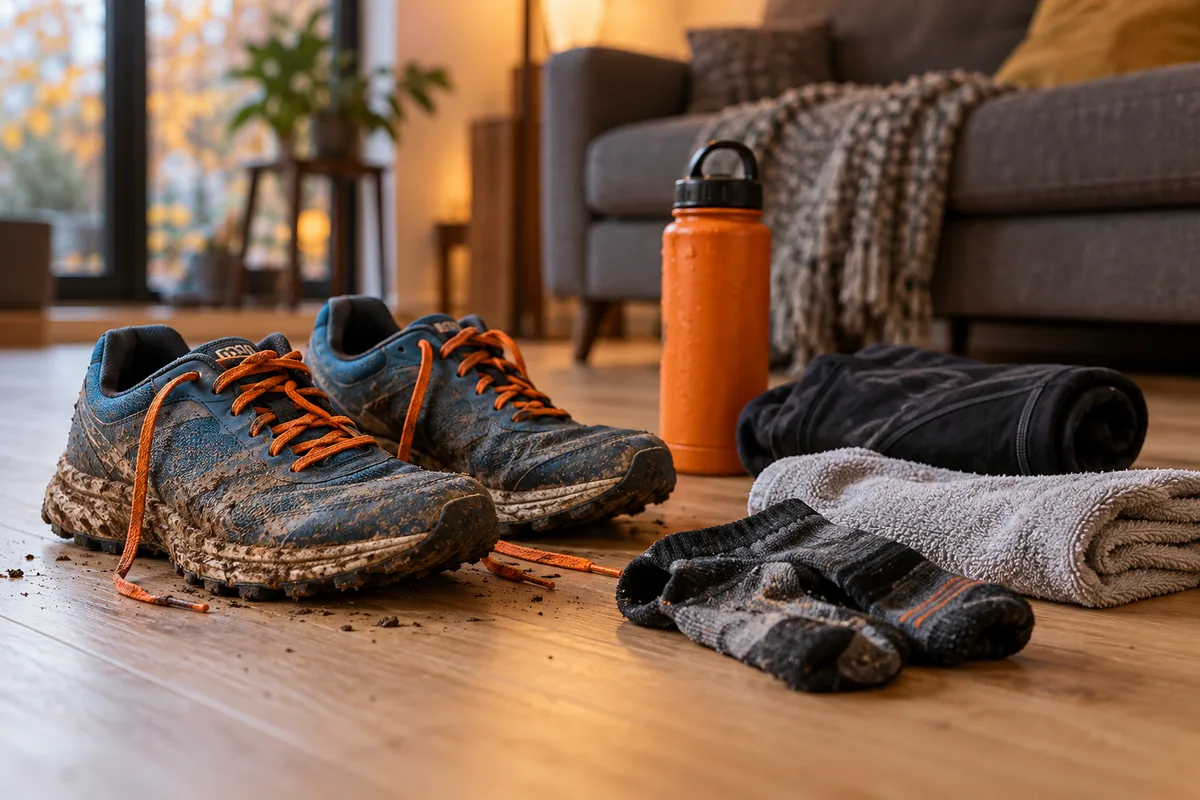 Chaussures de course boueuses et gourde après l'effort