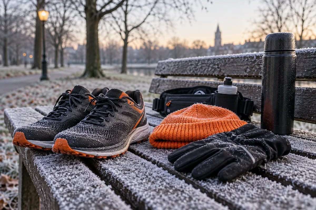 Chaussures, bonnet et gants de course sur un banc givré