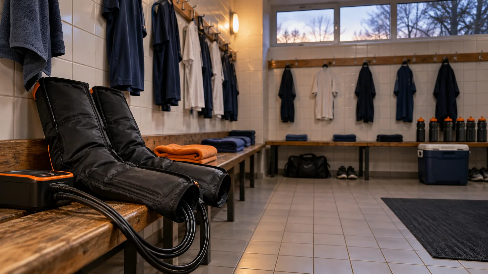 Bottes de pressothérapie dans un vestiaire de club