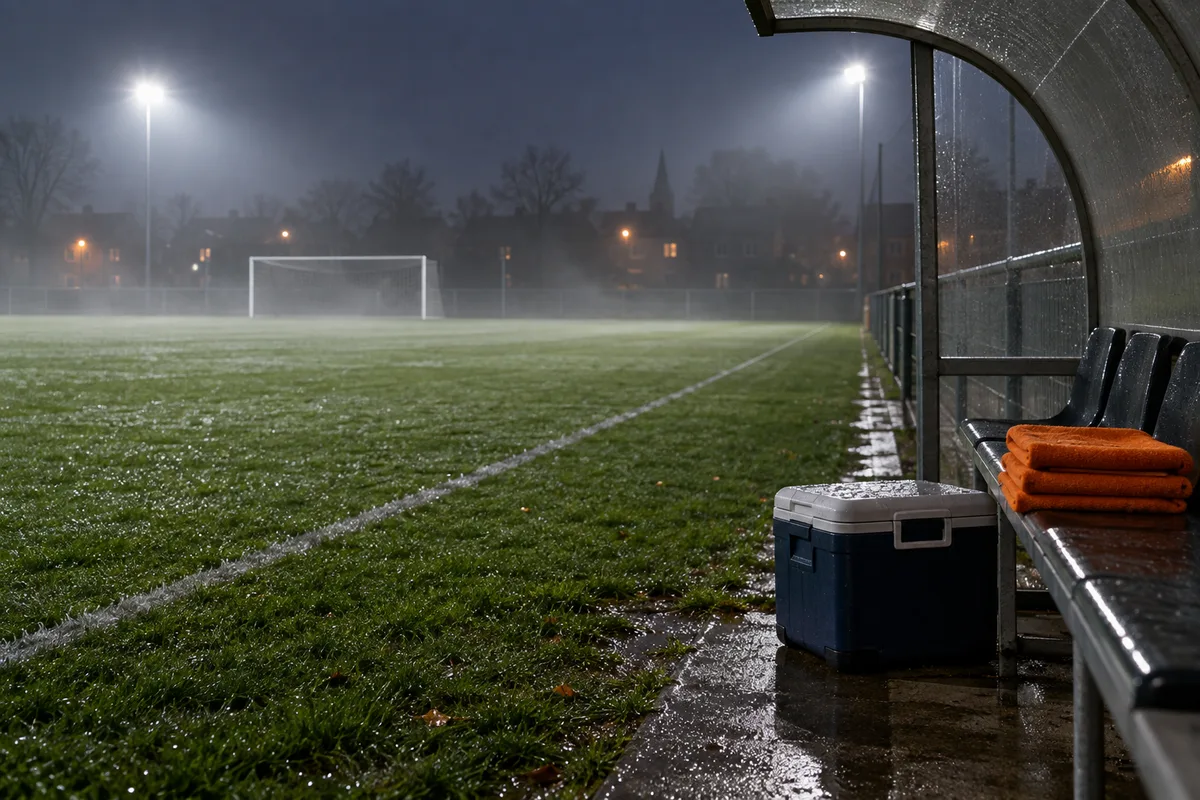 Terrain de football sous les projecteurs un soir de pluie