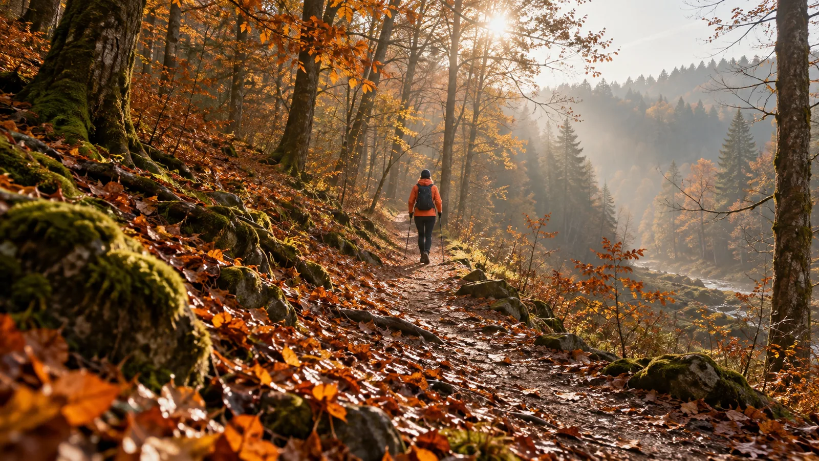 Traileur de dos sur un sentier forestier en automne