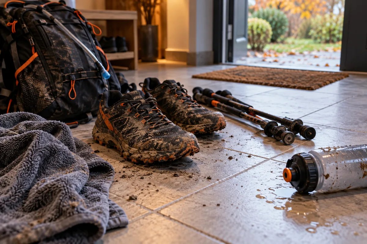 Chaussures de trail boueuses et sac après une course