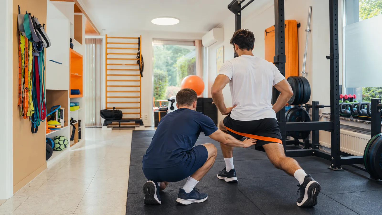 Un sportif s'échauffe avec un élastique, guidé par un kinésithérapeute